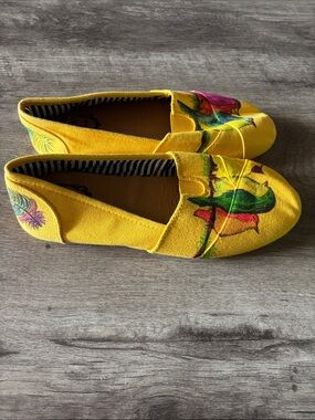 Ollio Yellow Canvas Slip-On Flats with Colorful Floral Art